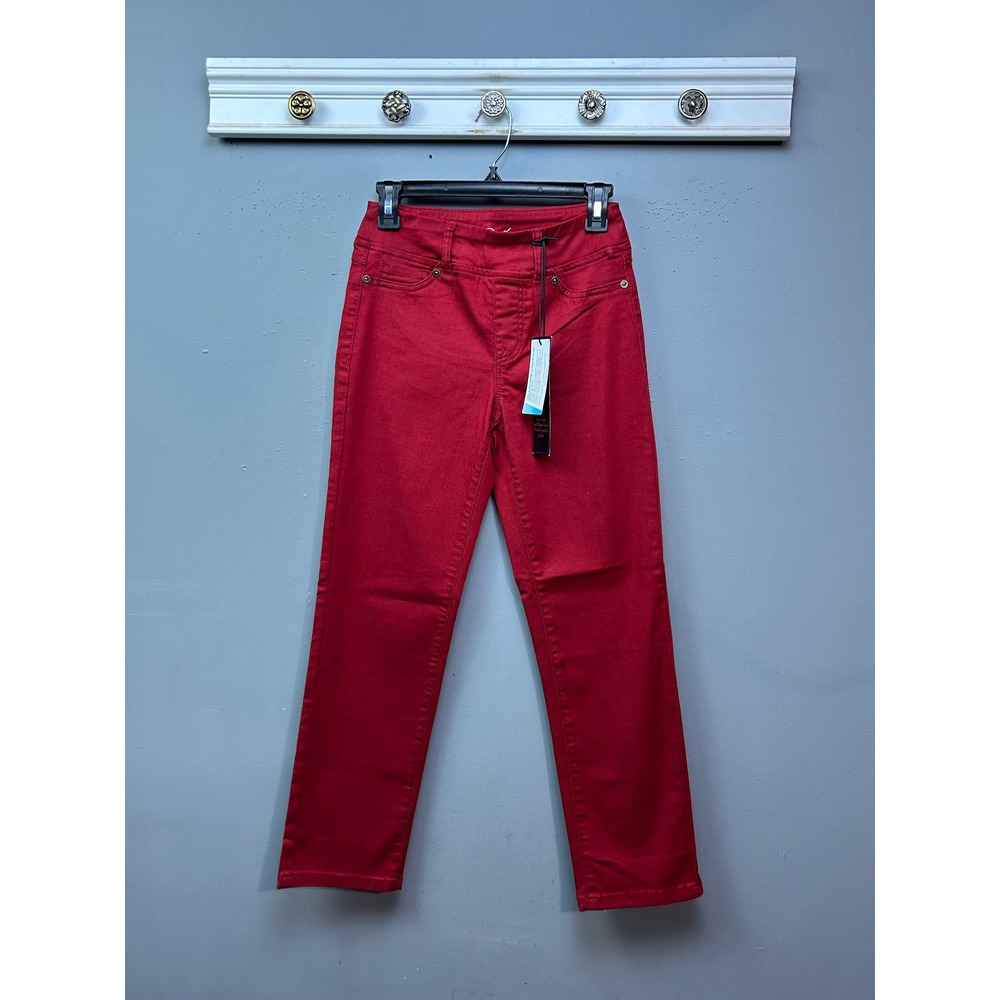 DG2 Diane Gilman Jeans Womens 0P Red Coolmax Straight Leg Pull On Stretch Denim
